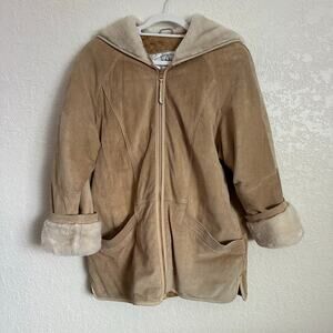 Vintage Genuine Leather Coat Faux Fur Hood